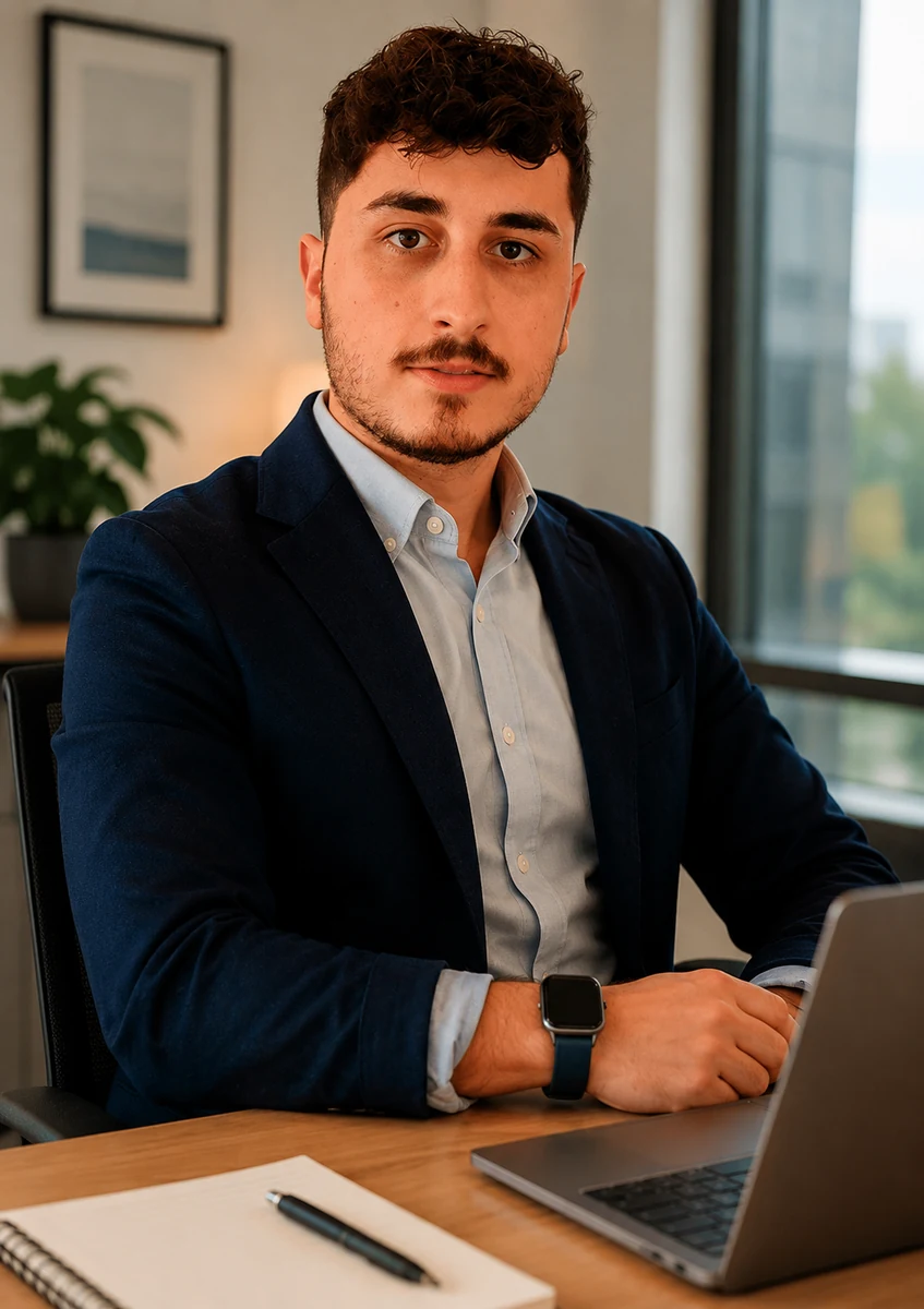 Sergio García, fundador y CEO de Creafy, agencia de marketing digital en Mataró y Barcelona, trabajando en su oficina.